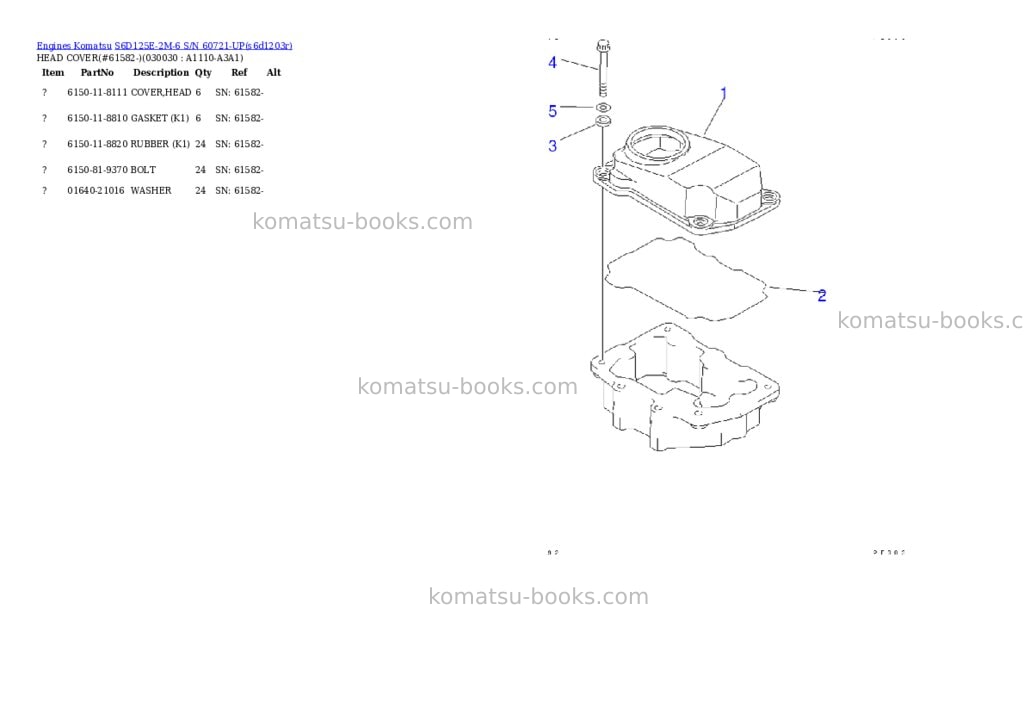 Komatsu s6d125e-2m-6 s/n 60721-up Parts catalog cover Komatsu s6d125e-2m-6 s/n 60721-up Parts catalog cover