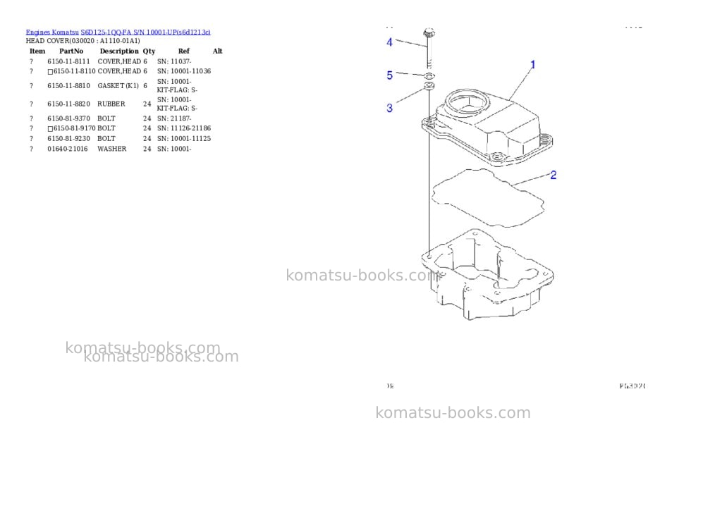 Komatsu s6d125-1qq-fa s/n 10001-up Parts catalog cover