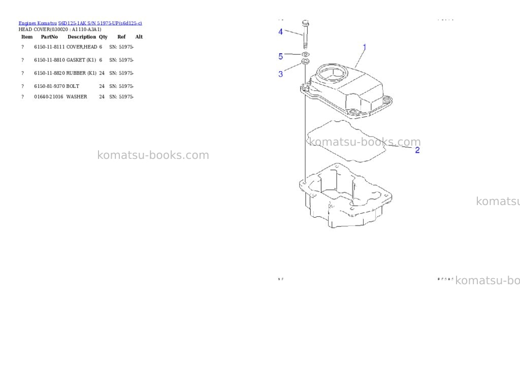 Komatsu S6D125-1AK S/N 51975-UP Parts catalog cover Komatsu S6D125-1AK S/N 51975-UP Parts catalog cover