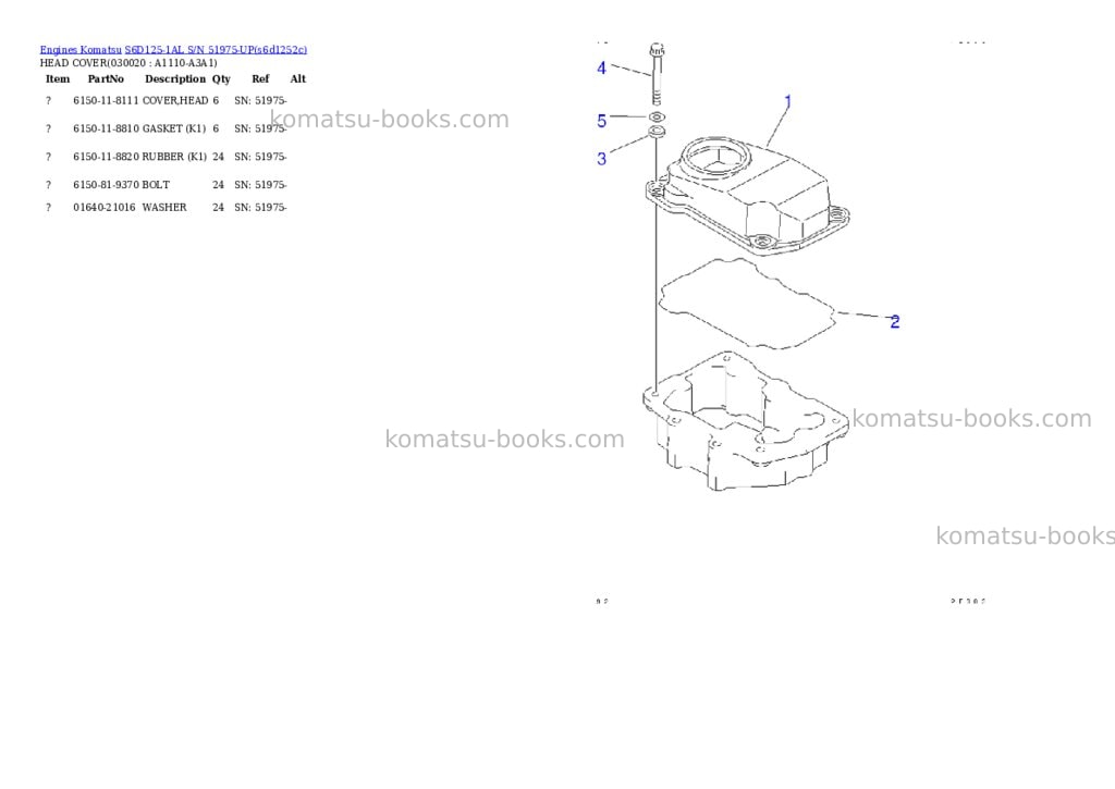 Komatsu s6d125-1al s/n 51975-up Parts catalog cover