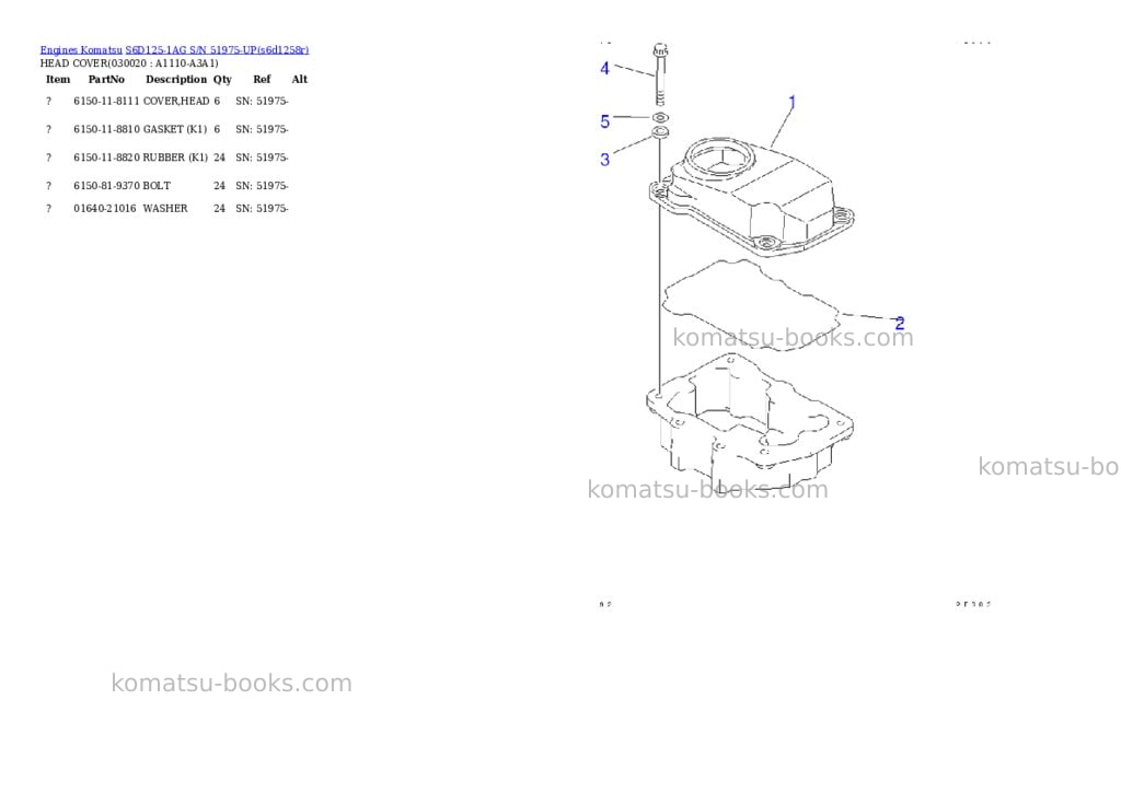 Komatsu s6d125-1ag s/n 51975-up Parts catalog cover Komatsu s6d125-1ag s/n 51975-up Parts catalog cover
