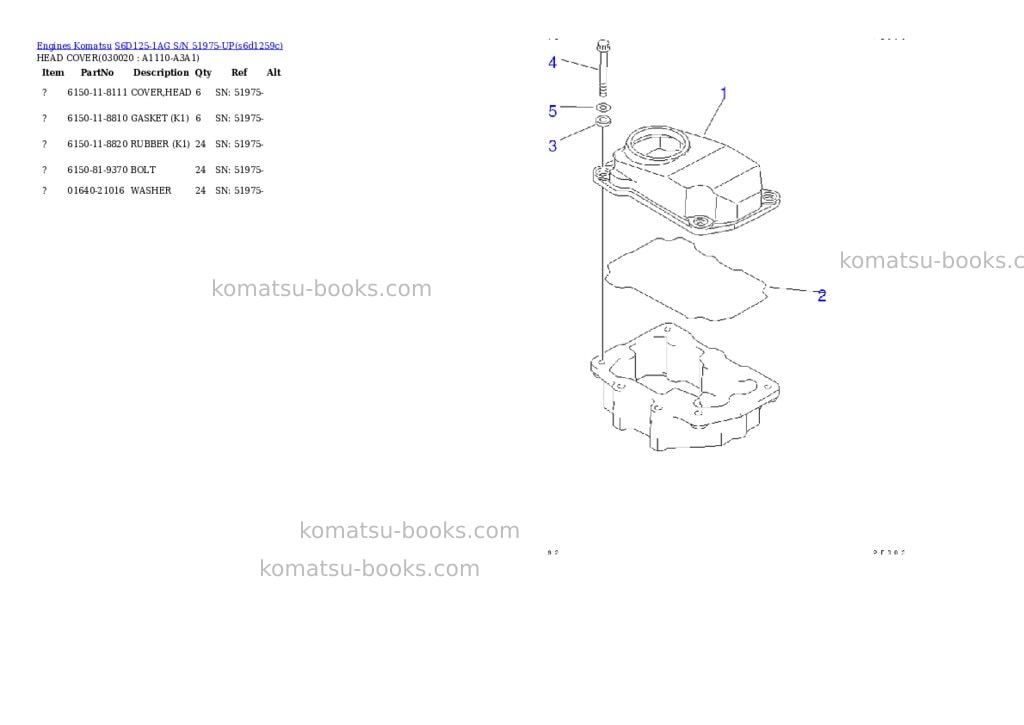 Komatsu S6D125-1AG S/N 51975-UP Parts catalog cover Komatsu S6D125-1AG S/N 51975-UP Parts catalog cover