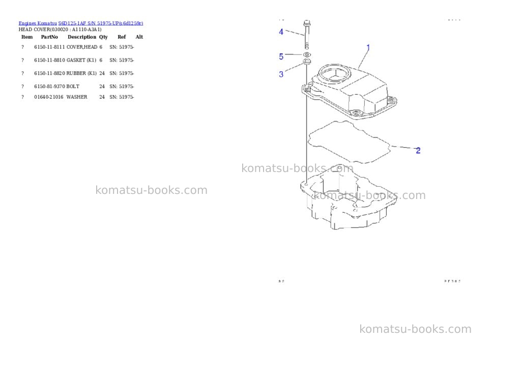 Komatsu s6d125-1af s/n 51975-up Parts catalog cover Komatsu s6d125-1af s/n 51975-up Parts catalog cover