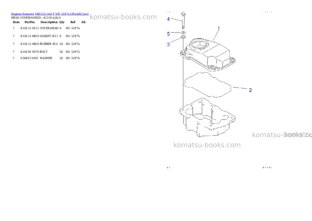 Komatsu s6d125-1ag-t s/n 51975-up Parts catalog cover