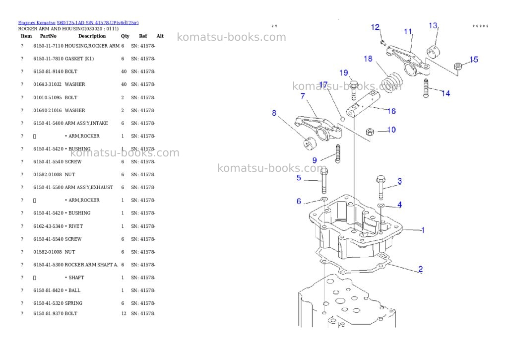 Komatsu s6d125-1ad s/n 41578-up Parts catalog cover