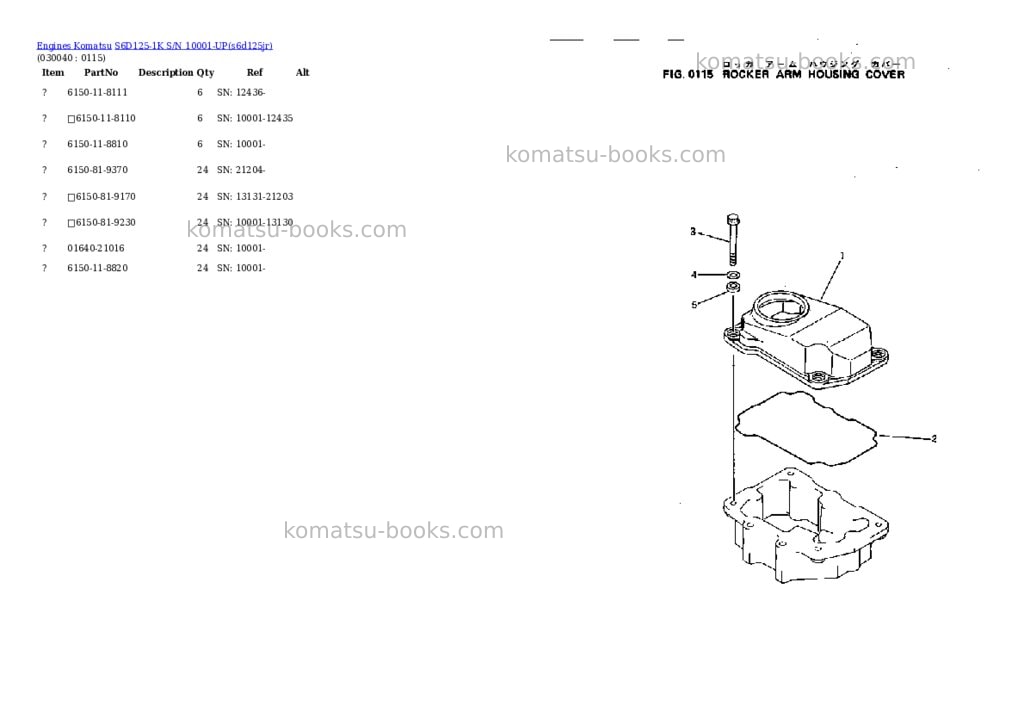 Komatsu s6d125-1k s/n 10001-up Parts catalog cover Page 3 Komatsu s6d125-1k s/n 10001-up Parts catalog cover Page 3