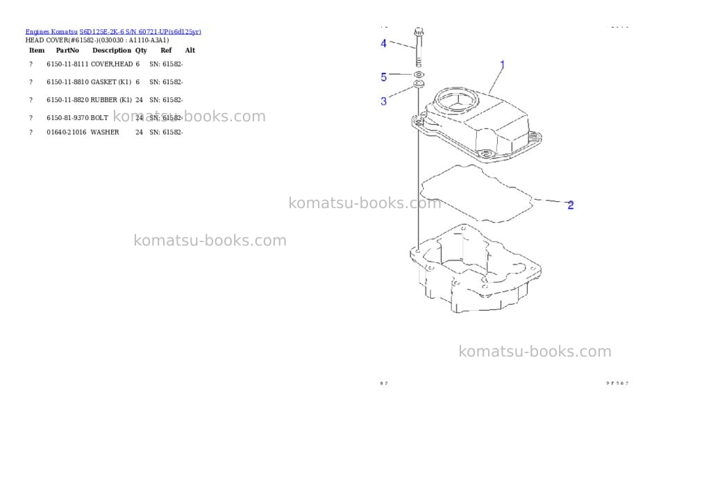 Komatsu s6d125e-2k-6 s/n 60721-up Parts catalog cover Komatsu s6d125e-2k-6 s/n 60721-up Parts catalog cover
