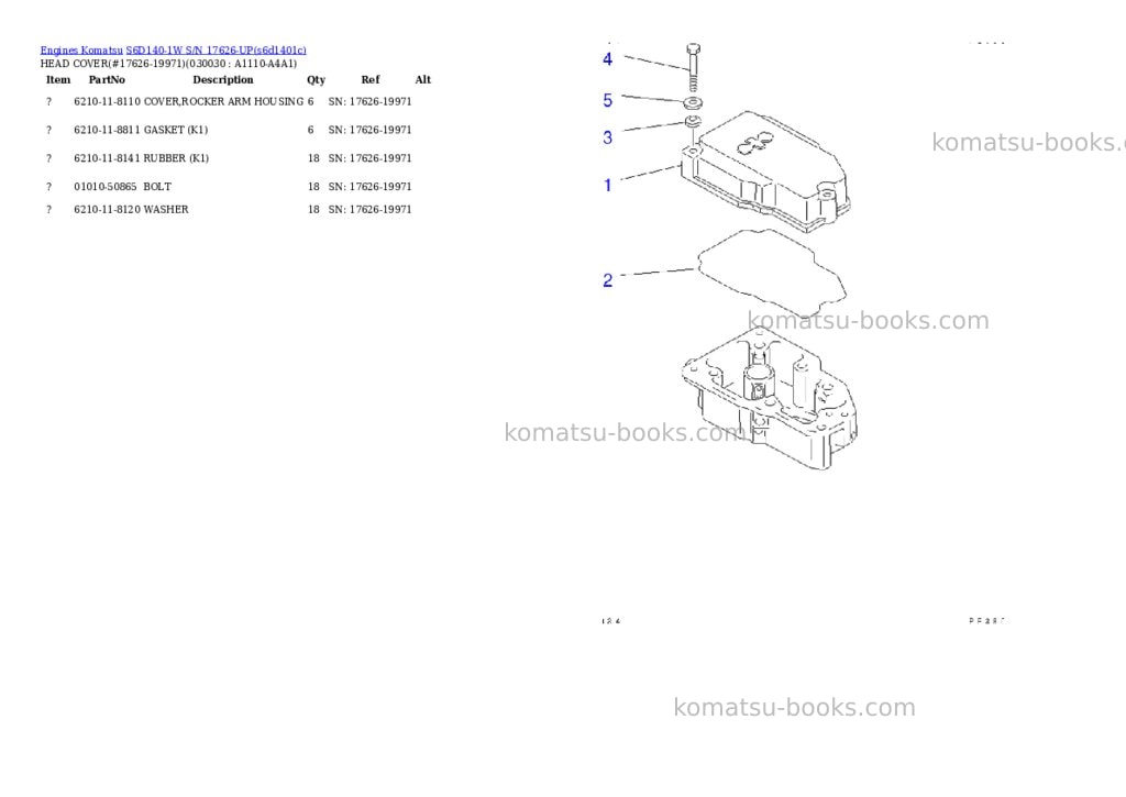 Komatsu s6d140-1w s/n 17626-up Parts catalog cover Page 2 Komatsu s6d140-1w s/n 17626-up Parts catalog cover Page 2