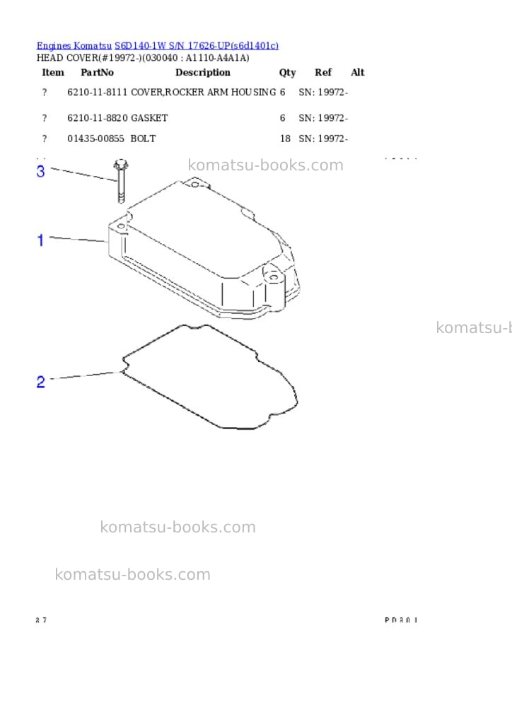 Komatsu s6d140-1w s/n 17626-up Parts catalog cover Page 3 Komatsu s6d140-1w s/n 17626-up Parts catalog cover Page 3