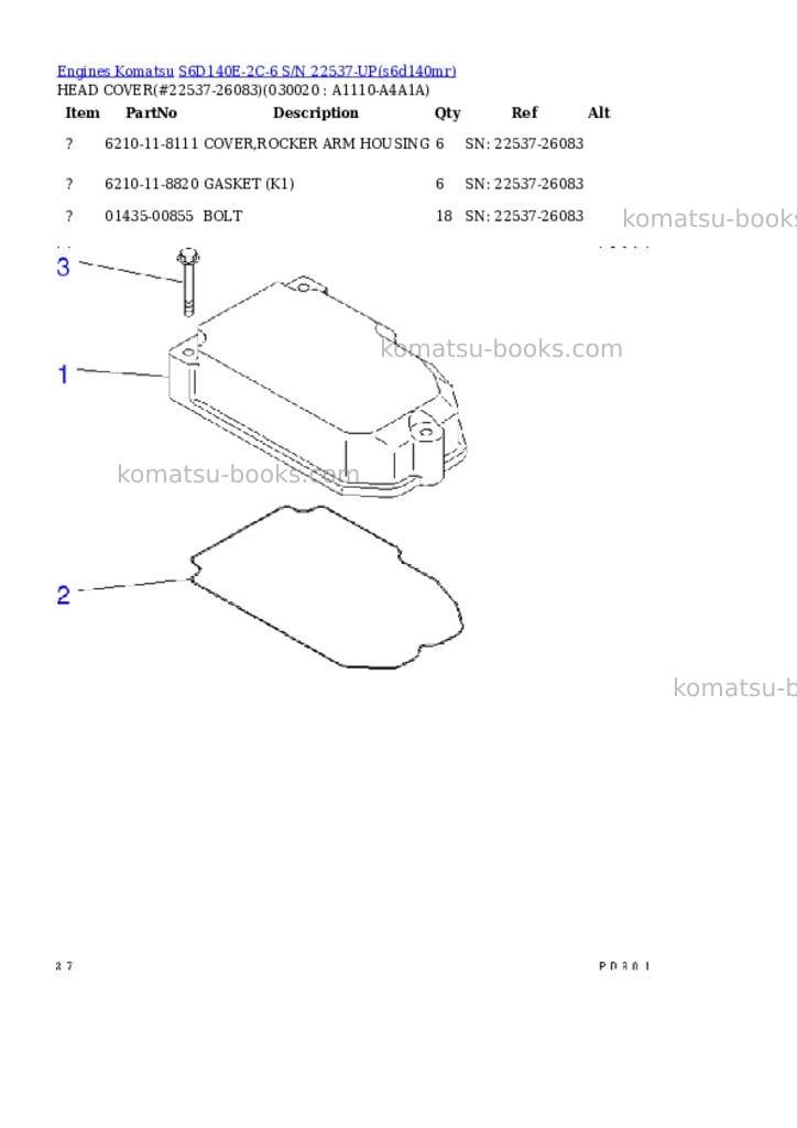 Komatsu s6d140e-2c-6 s/n 22537-up Parts catalog cover Komatsu s6d140e-2c-6 s/n 22537-up Parts catalog cover