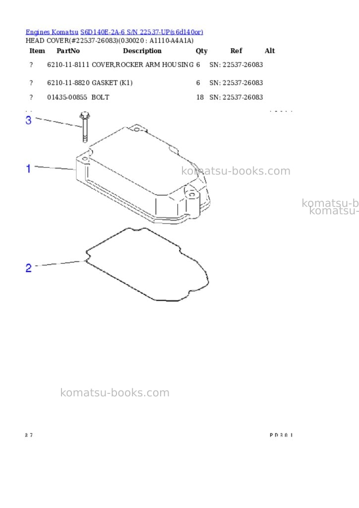 Komatsu S6D140E-2A-6 S/N 22537-UP Parts catalog cover Komatsu S6D140E-2A-6 S/N 22537-UP Parts catalog cover