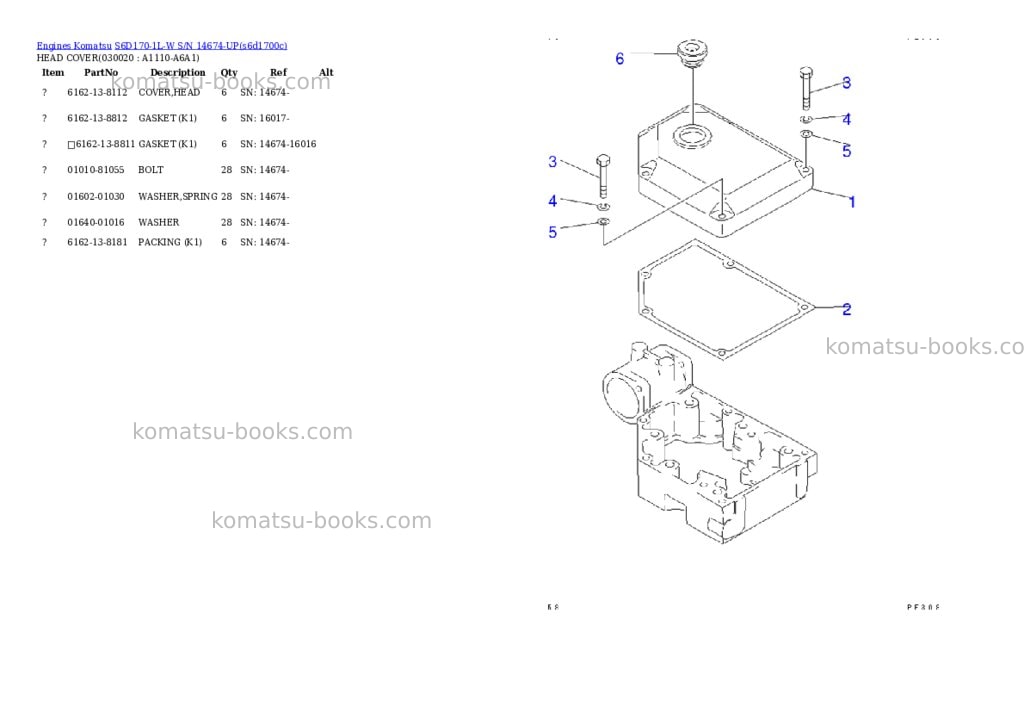 Komatsu s6d170-1l-w s/n 14674-up Parts catalog cover