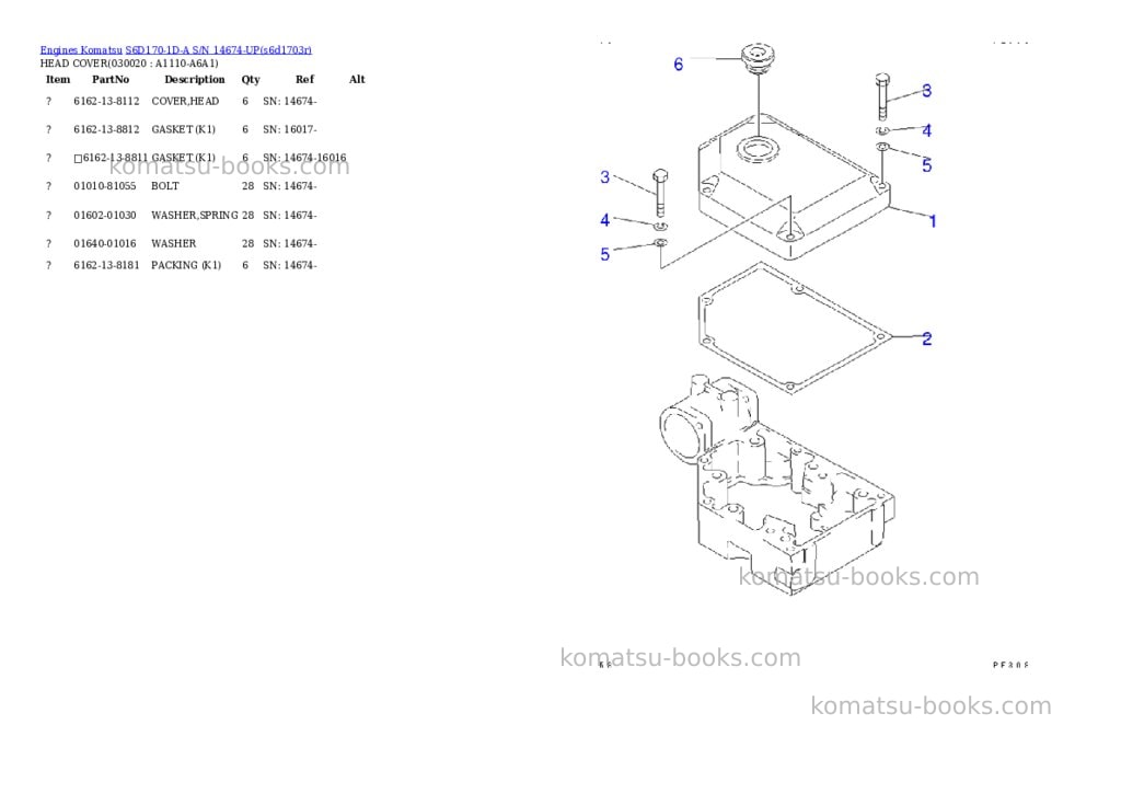 Komatsu s6d170-1d-a s/n 14674-up Parts catalog cover