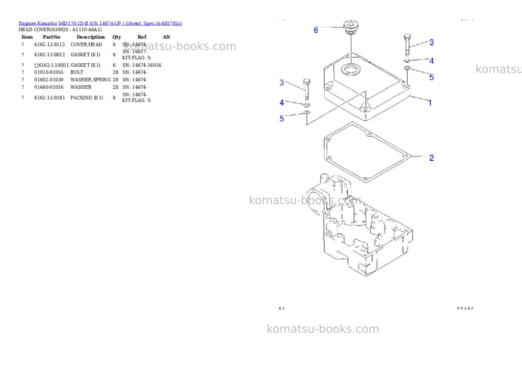 Komatsu s6d170-1d-b s/n 14674-up -50cent. spec. Parts catalog cover