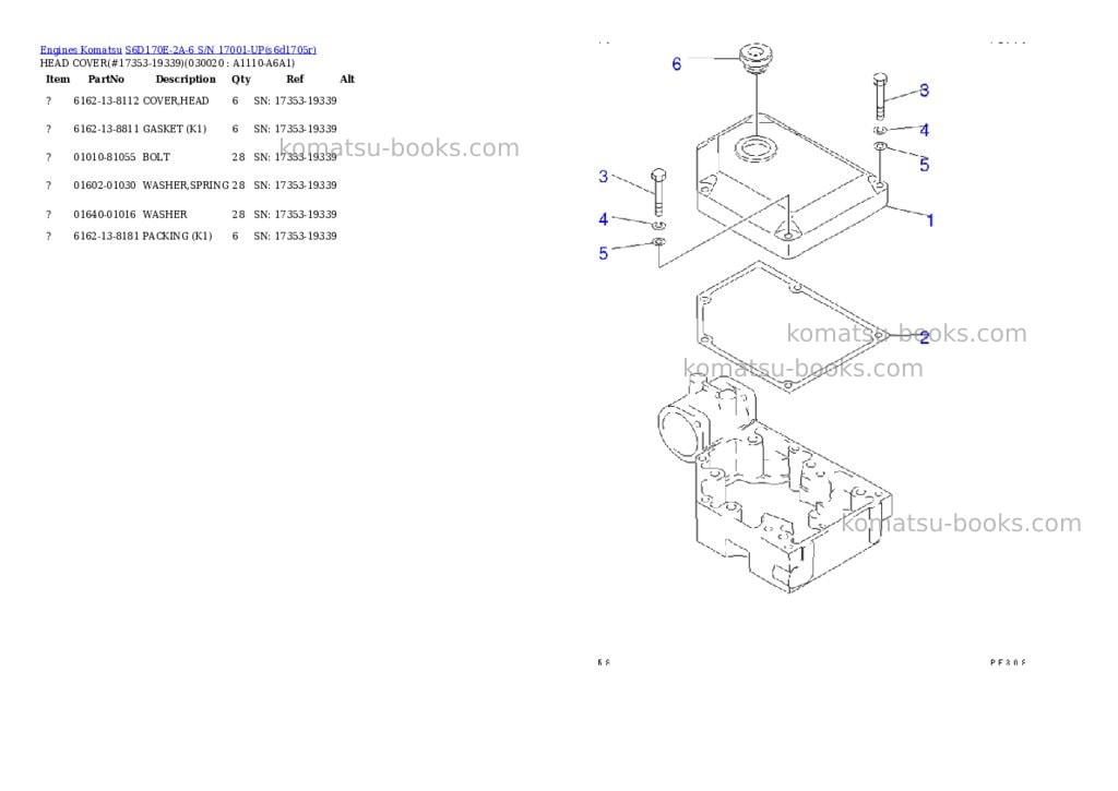 Komatsu s6d170e-2a-6 s/n 17001-up Parts catalog cover Komatsu s6d170e-2a-6 s/n 17001-up Parts catalog cover