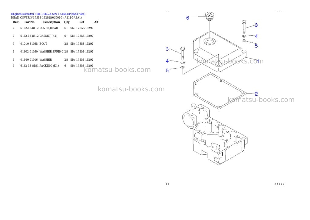 Komatsu s6d170e-2a s/n 17358-up Parts catalog cover