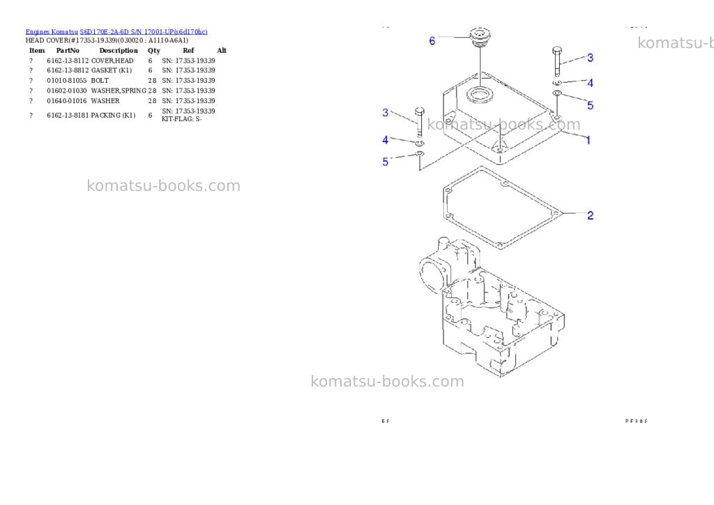 Komatsu s6d170e-2a-6d s/n 17001-up Parts catalog cover