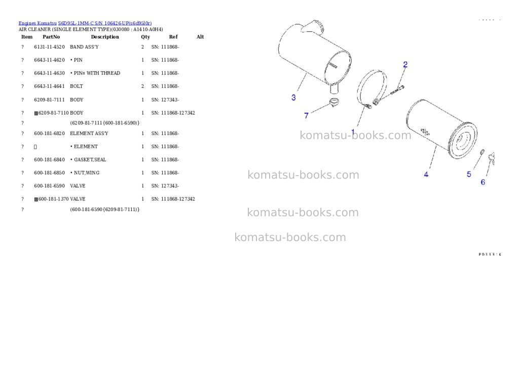 Komatsu S6D95L-1MM-C S/N 106426-UP Parts catalog cover Page 6
