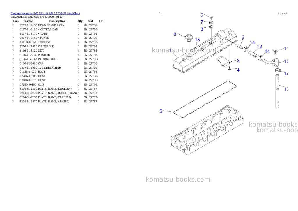 Komatsu S6D95L-1Q S/N 27756-UP Parts catalog cover Page 2