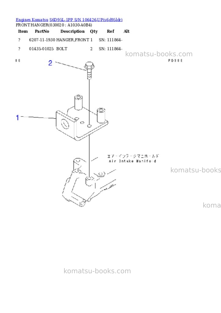 Komatsu s6d95l-1pp s/n 106426-up Parts catalog cover Komatsu s6d95l-1pp s/n 106426-up Parts catalog cover
