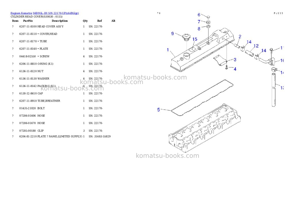 Komatsu s6d95l-1h s/n 22170-up Parts catalog cover Page 2 Komatsu s6d95l-1h s/n 22170-up Parts catalog cover Page 2
