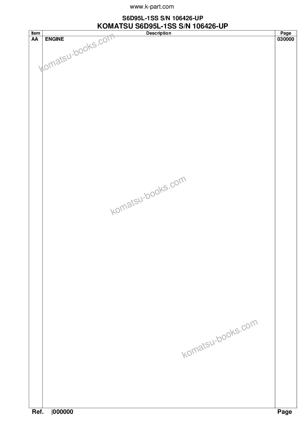 Komatsu s6d95l-1ss s/n 106426-up Parts catalog cover Komatsu s6d95l-1ss s/n 106426-up Parts catalog cover