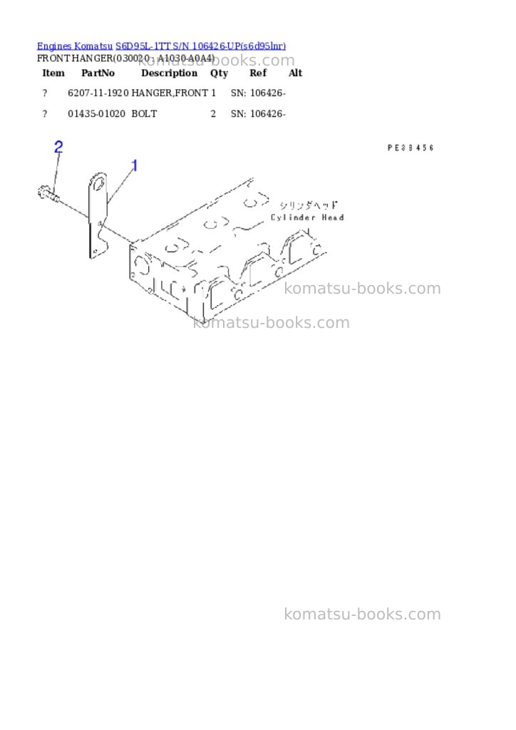 Komatsu s6d95l-1tt s/n 106426-up Parts catalog cover Komatsu s6d95l-1tt s/n 106426-up Parts catalog cover