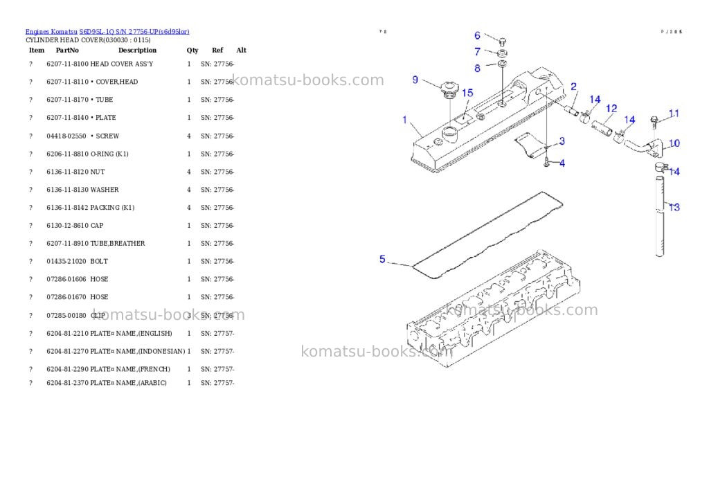 Komatsu s6d95l-1q s/n 27756-up Parts catalog cover Page 2