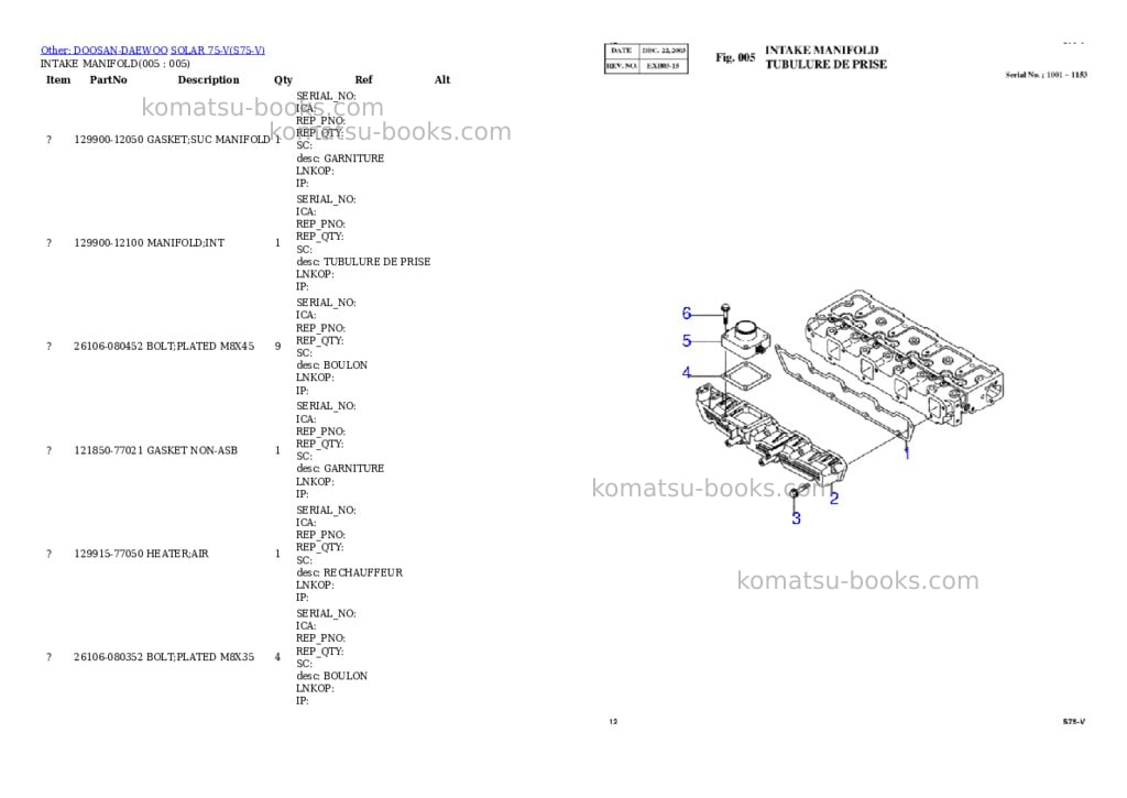 Komatsu SOLAR 75-V Parts catalog cover Page 5 Komatsu SOLAR 75-V Parts catalog cover Page 5