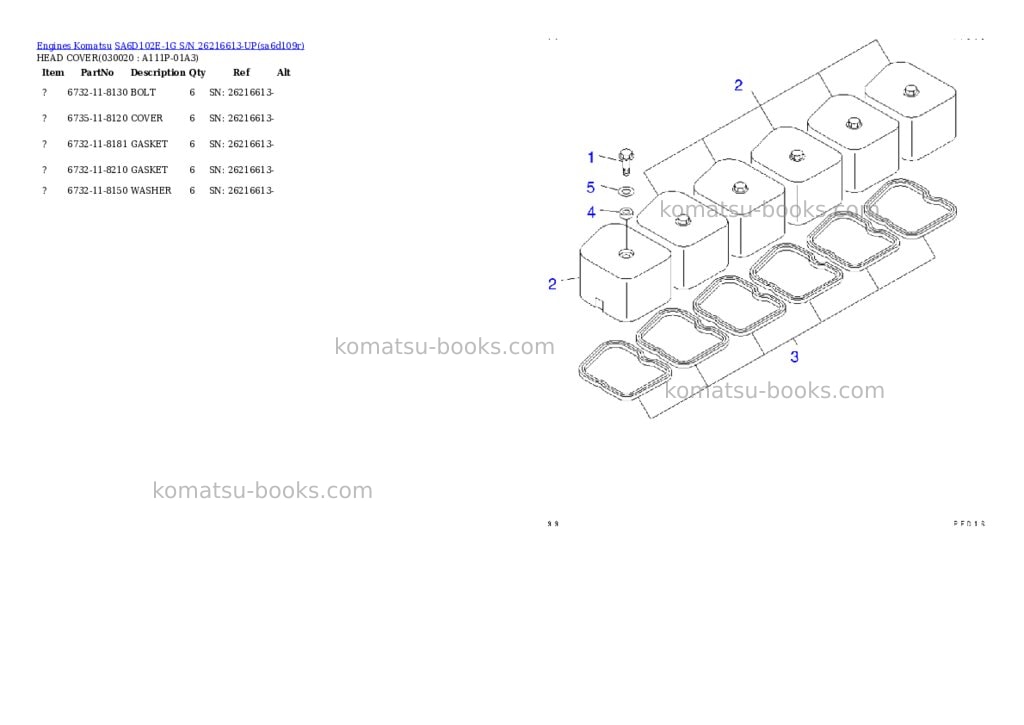 Komatsu sa6d102e-1g s/n 26216613-up Parts catalog cover