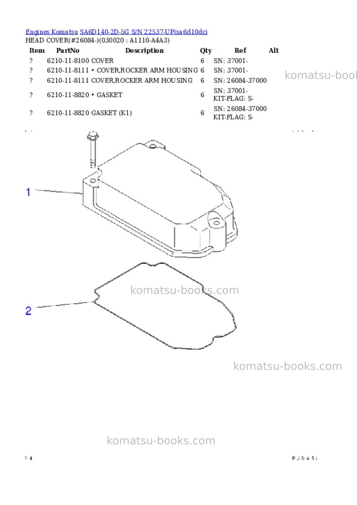 Komatsu sa6d140-2d-5g s/n 22537-up Parts catalog cover Komatsu sa6d140-2d-5g s/n 22537-up Parts catalog cover