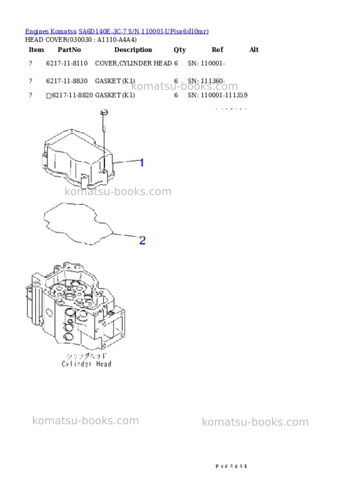 Komatsu SA6D140E-3C-7 S/N 110001-UP Parts catalog cover Page 2 Komatsu SA6D140E-3C-7 S/N 110001-UP Parts catalog cover Page 2