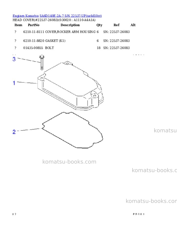 Komatsu SA6D140E-2A-7 S/N 22537-UP Parts catalog cover Komatsu SA6D140E-2A-7 S/N 22537-UP Parts catalog cover