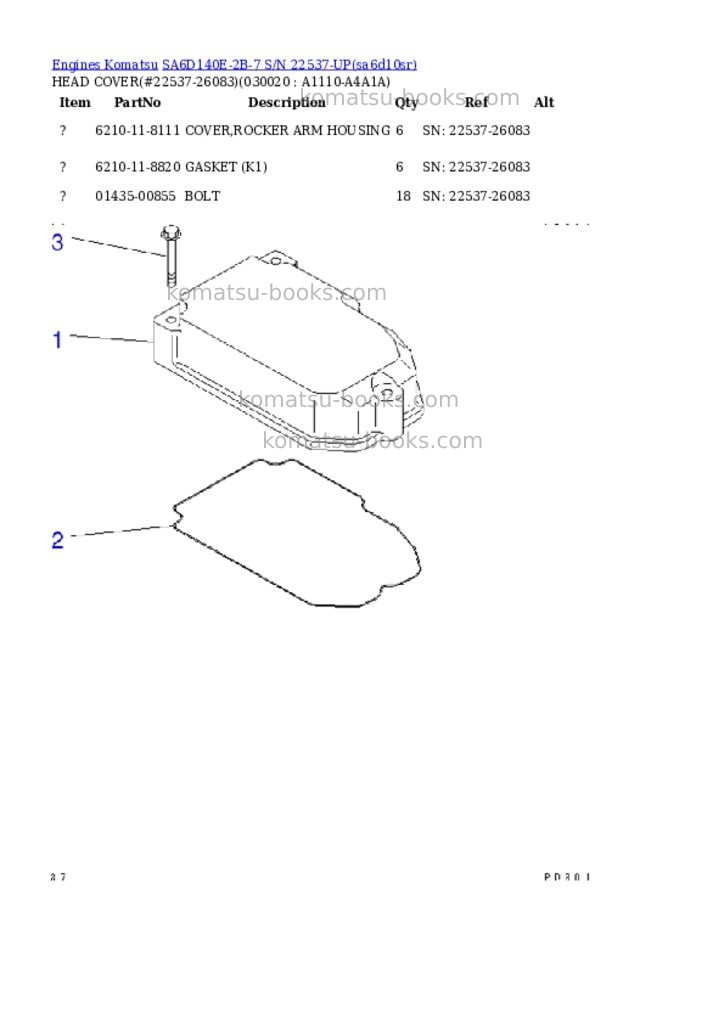 Komatsu SA6D140E-2B-7 S/N 22537-UP Parts catalog cover Komatsu SA6D140E-2B-7 S/N 22537-UP Parts catalog cover