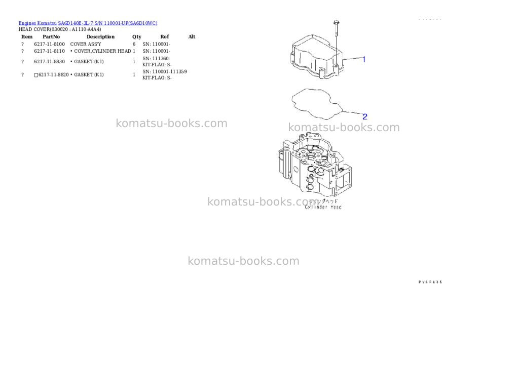 Komatsu sa6d140e-3l-7 s/n 110001-up Parts catalog cover Komatsu sa6d140e-3l-7 s/n 110001-up Parts catalog cover