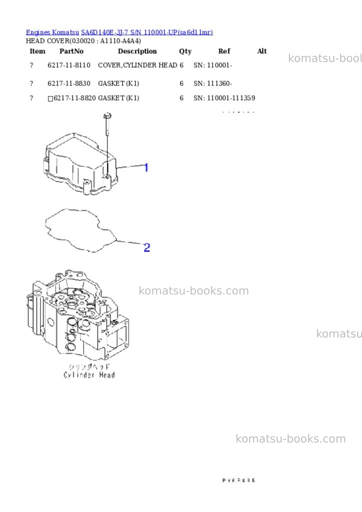 Komatsu SA6D140E-3J-7 S/N 110001-UP Parts catalog cover