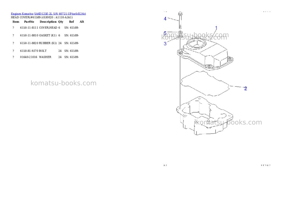 Komatsu sa6d125e-2l s/n 60721-up Parts catalog cover Komatsu sa6d125e-2l s/n 60721-up Parts catalog cover