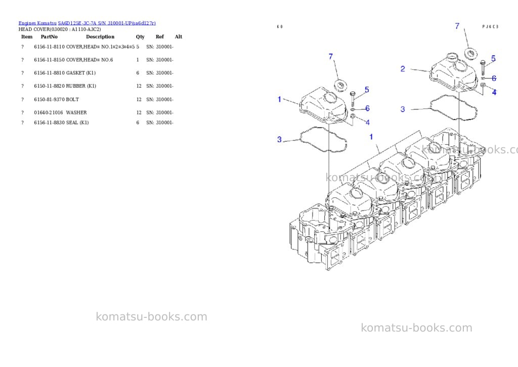 Komatsu sa6d125e-3c-7a s/n 310001-up Parts catalog cover Komatsu sa6d125e-3c-7a s/n 310001-up Parts catalog cover