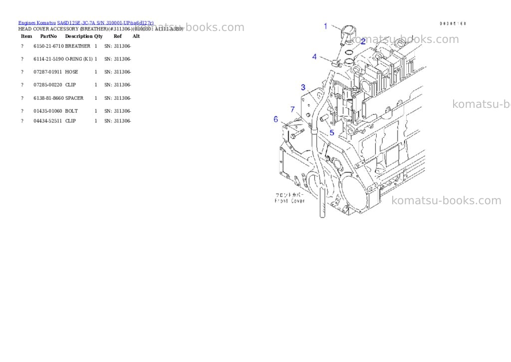 Komatsu sa6d125e-3c-7a s/n 310001-up Parts catalog cover Page 2 Komatsu sa6d125e-3c-7a s/n 310001-up Parts catalog cover Page 2