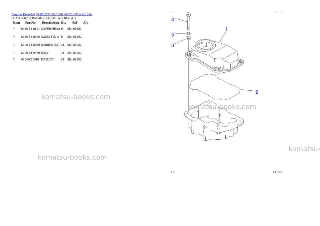 Komatsu sa6d125e-2e-7 s/n 60721-up Parts catalog cover Komatsu sa6d125e-2e-7 s/n 60721-up Parts catalog cover