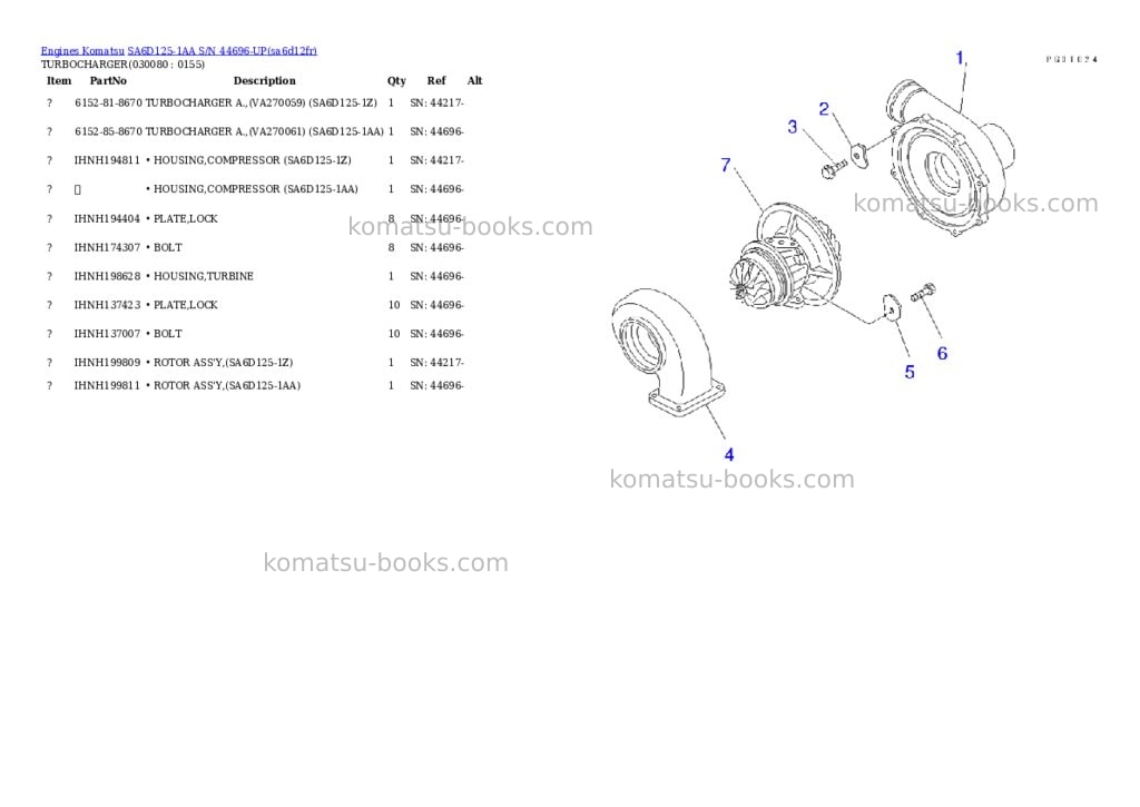 Komatsu sa6d125-1aa s/n 44696-up Parts catalog cover Page 7