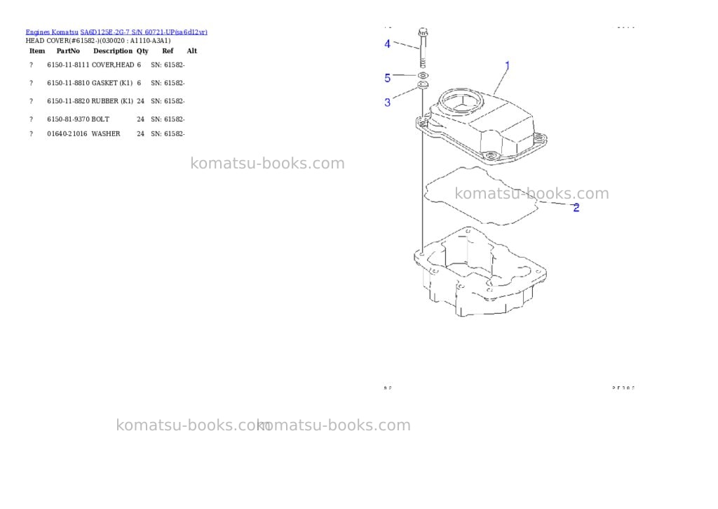 Komatsu SA6D125E-2G-7 S/N 60721-UP Parts catalog cover Komatsu SA6D125E-2G-7 S/N 60721-UP Parts catalog cover