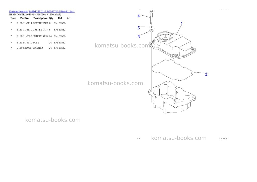 Komatsu SA6D125E-2L-7 S/N 60721-UP Parts catalog cover Komatsu SA6D125E-2L-7 S/N 60721-UP Parts catalog cover
