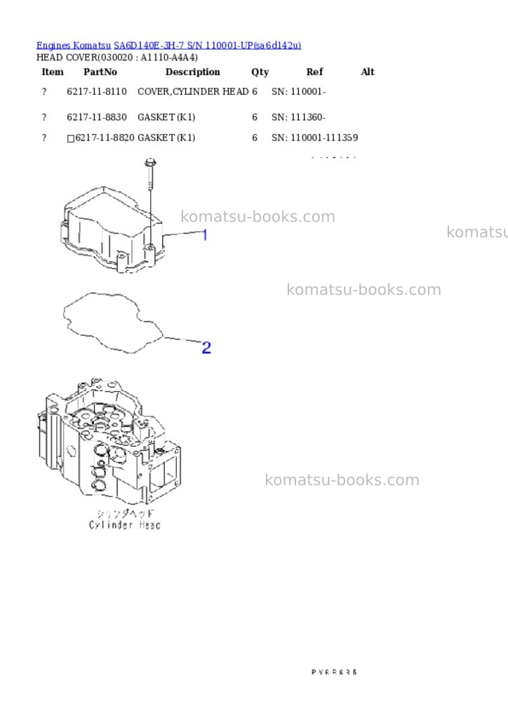 Komatsu sa6d140e-3h-7 s/n 110001-up Parts catalog cover Komatsu sa6d140e-3h-7 s/n 110001-up Parts catalog cover