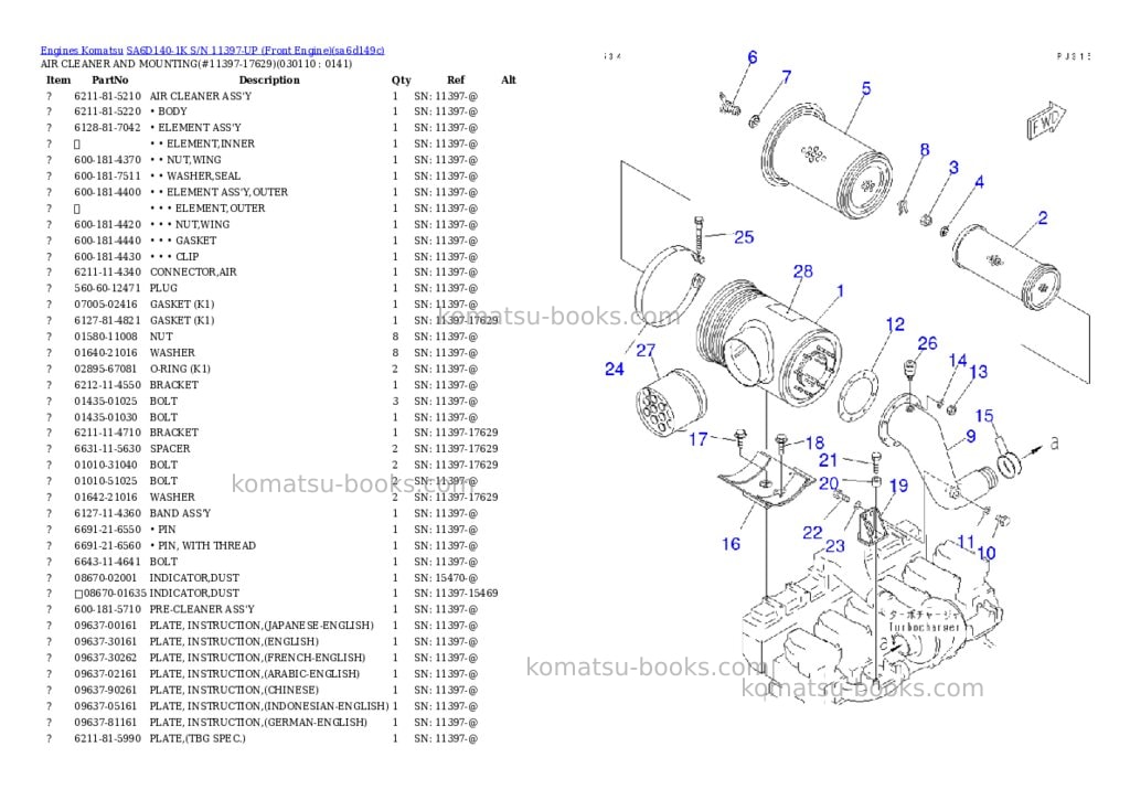 Komatsu SA6D140-1K S/N 11397-UP (Front Engine) Parts catalog cover Page 10 Komatsu SA6D140-1K S/N 11397-UP (Front Engine) Parts catalog cover Page 10