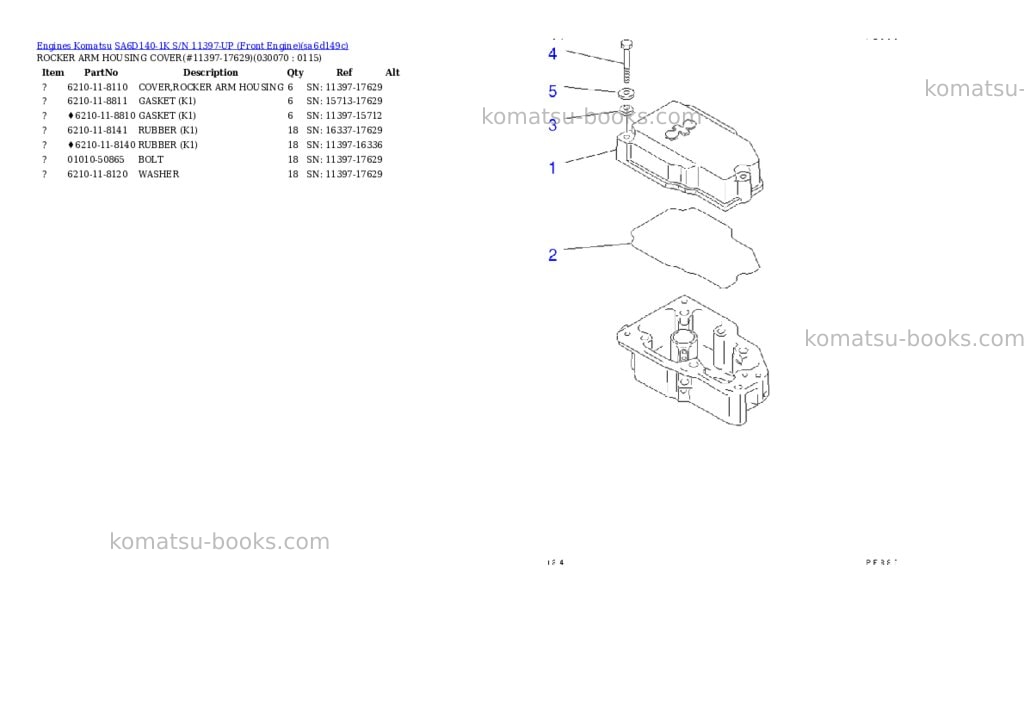 Komatsu SA6D140-1K S/N 11397-UP (Front Engine) Parts catalog cover Page 6 Komatsu SA6D140-1K S/N 11397-UP (Front Engine) Parts catalog cover Page 6