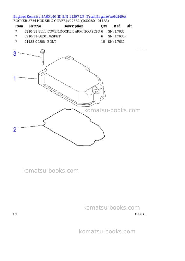 Komatsu SA6D140-1K S/N 11397-UP (Front Engine) Parts catalog cover Page 7 Komatsu SA6D140-1K S/N 11397-UP (Front Engine) Parts catalog cover Page 7