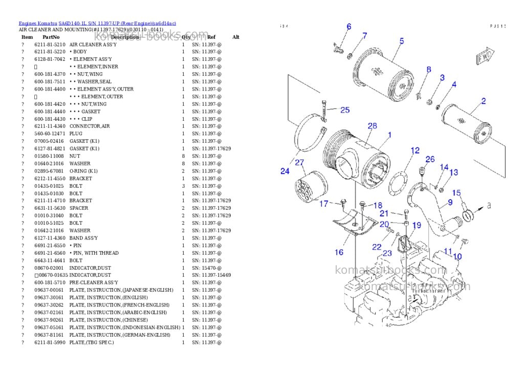 Komatsu SA6D140-1L S/N 11397-UP (Rear Engine) Parts catalog cover Page 10 Komatsu SA6D140-1L S/N 11397-UP (Rear Engine) Parts catalog cover Page 10