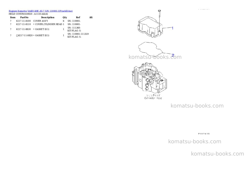 Komatsu sa6d140e-3g-7 s/n 110001-up Parts catalog cover