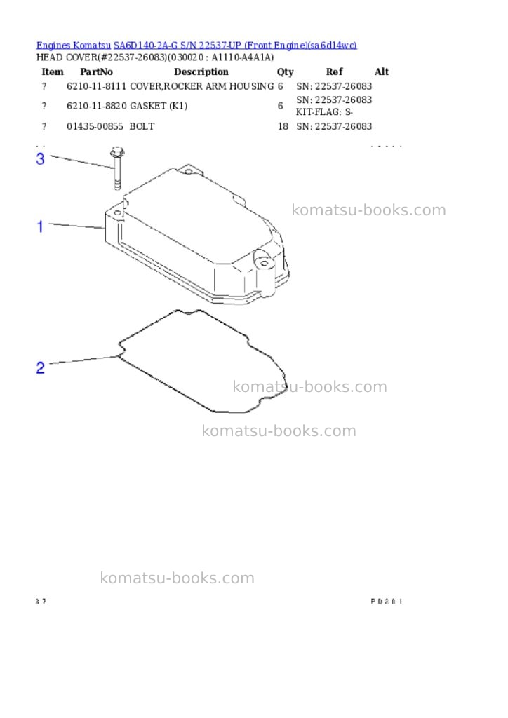 Komatsu SA6D140-2A-G S/N 22537-UP (Front Engine) Parts catalog cover Komatsu SA6D140-2A-G S/N 22537-UP (Front Engine) Parts catalog cover